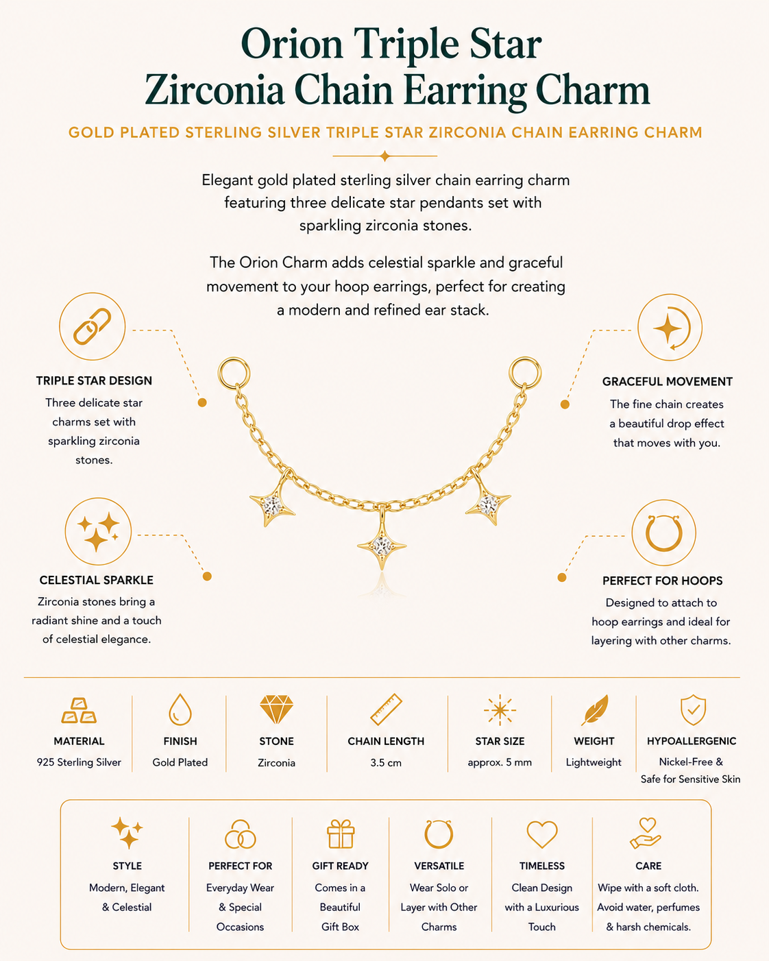 Gold Plated Sterling Silver Triple Star Zirconia Chain Earring Charm – Orion
