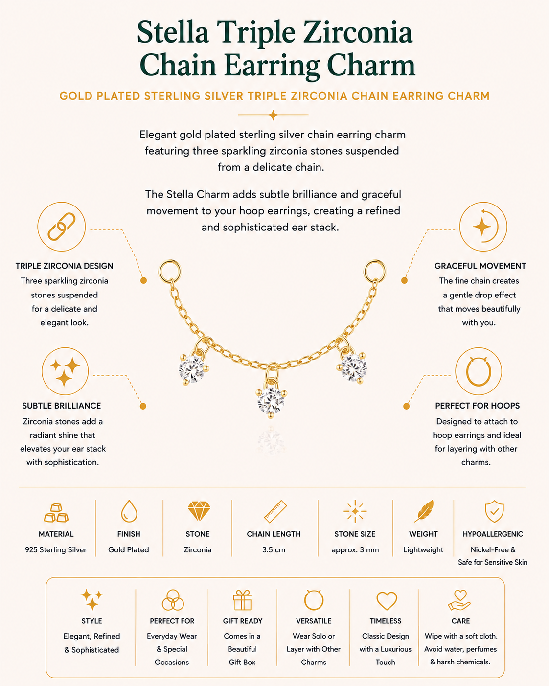 Gold Plated Sterling Silver Triple Zirconia Chain Earring Charm – Stella