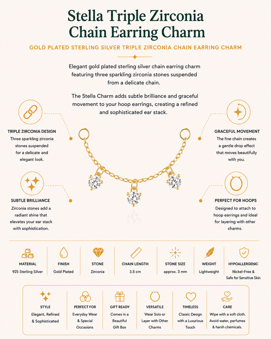 Gold Plated Sterling Silver Triple Zirconia Chain Earring Charm – Stella