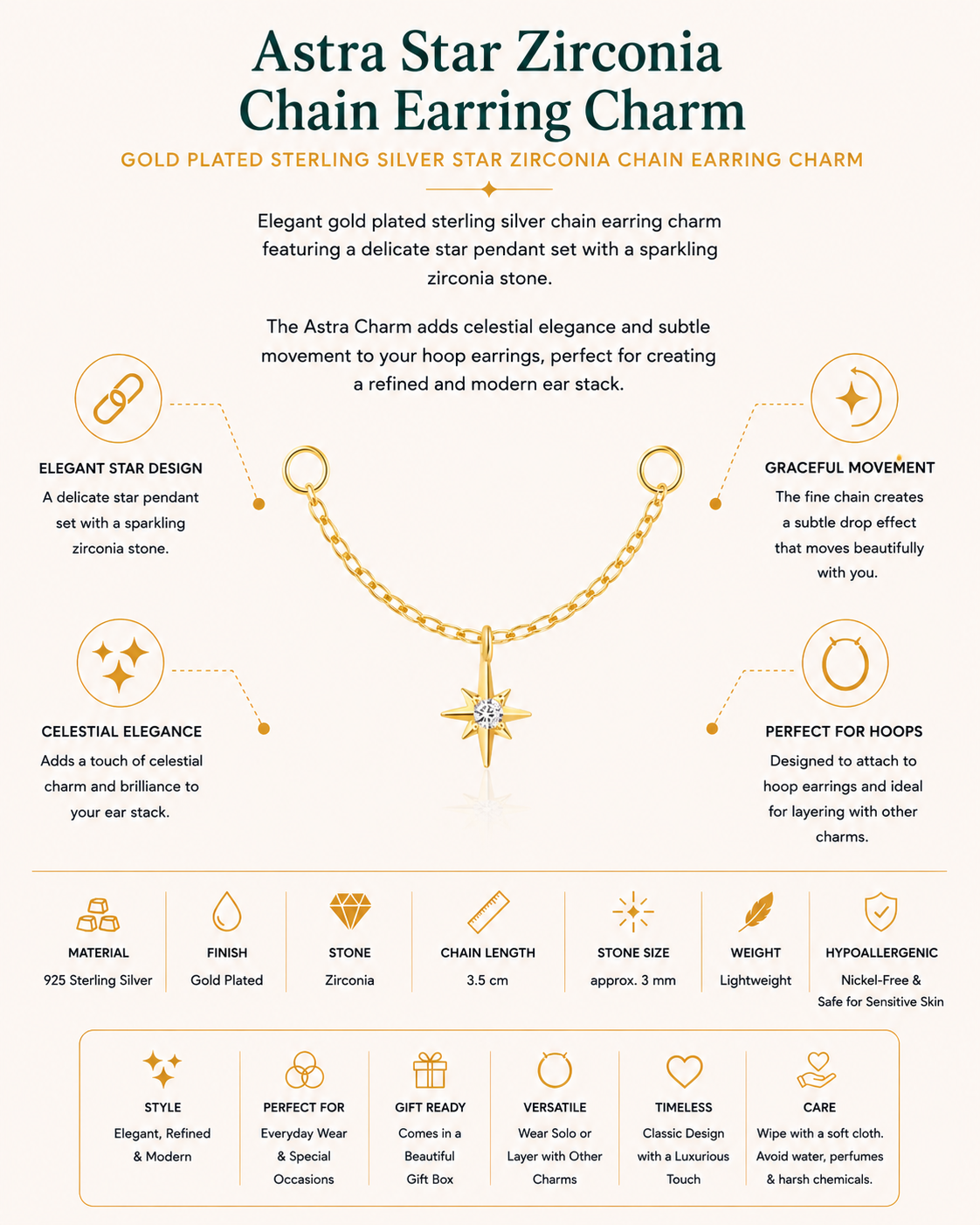 Gold Plated Sterling Silver Star Zirconia Chain Earring Charm – Astra