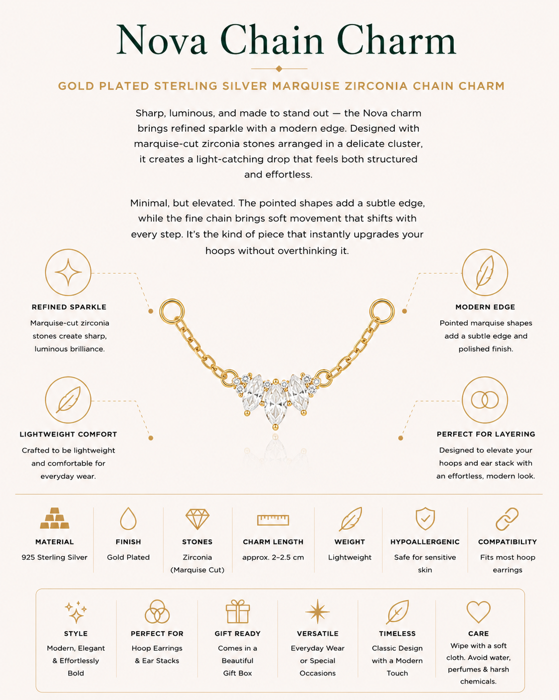 Gold Plated Sterling Silver Marquise Zirconia Chain Earring Charm – Nova