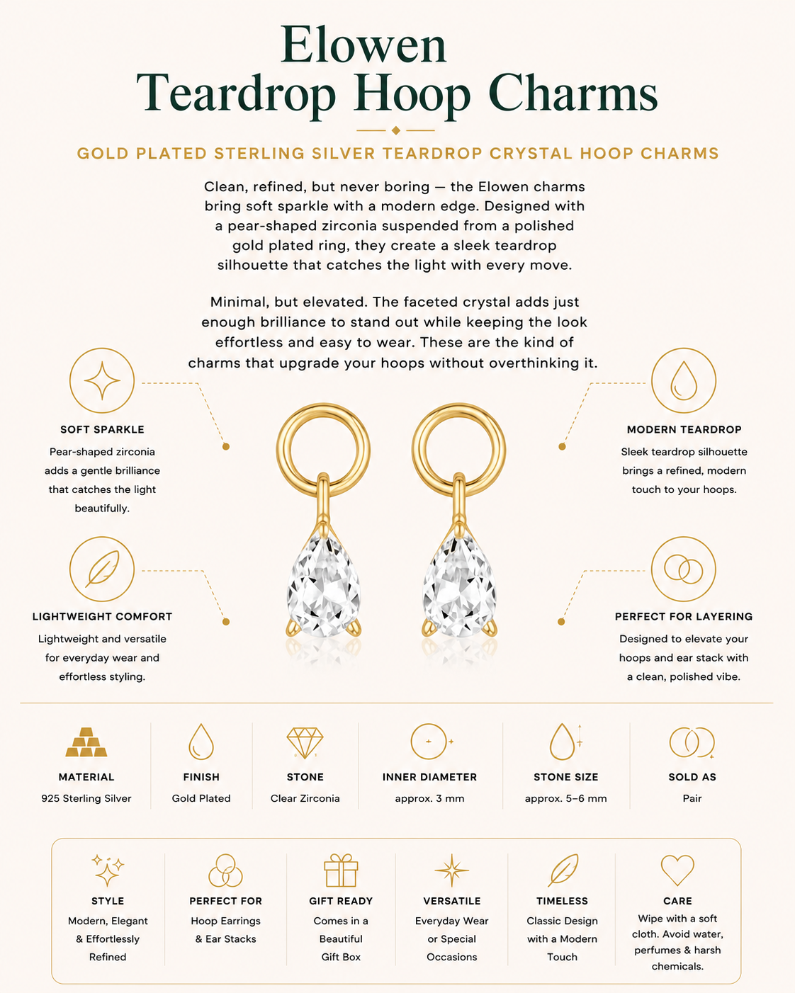 Gold Plated Sterling Silver Teardrop Crystal Hoop Charms – Elowen