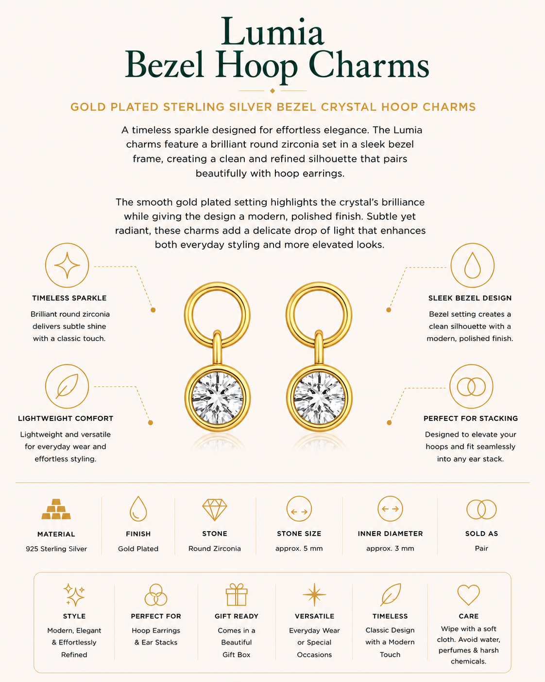 Gold Plated Sterling Silver Bezel Crystal Hoop Charms – Lumiera