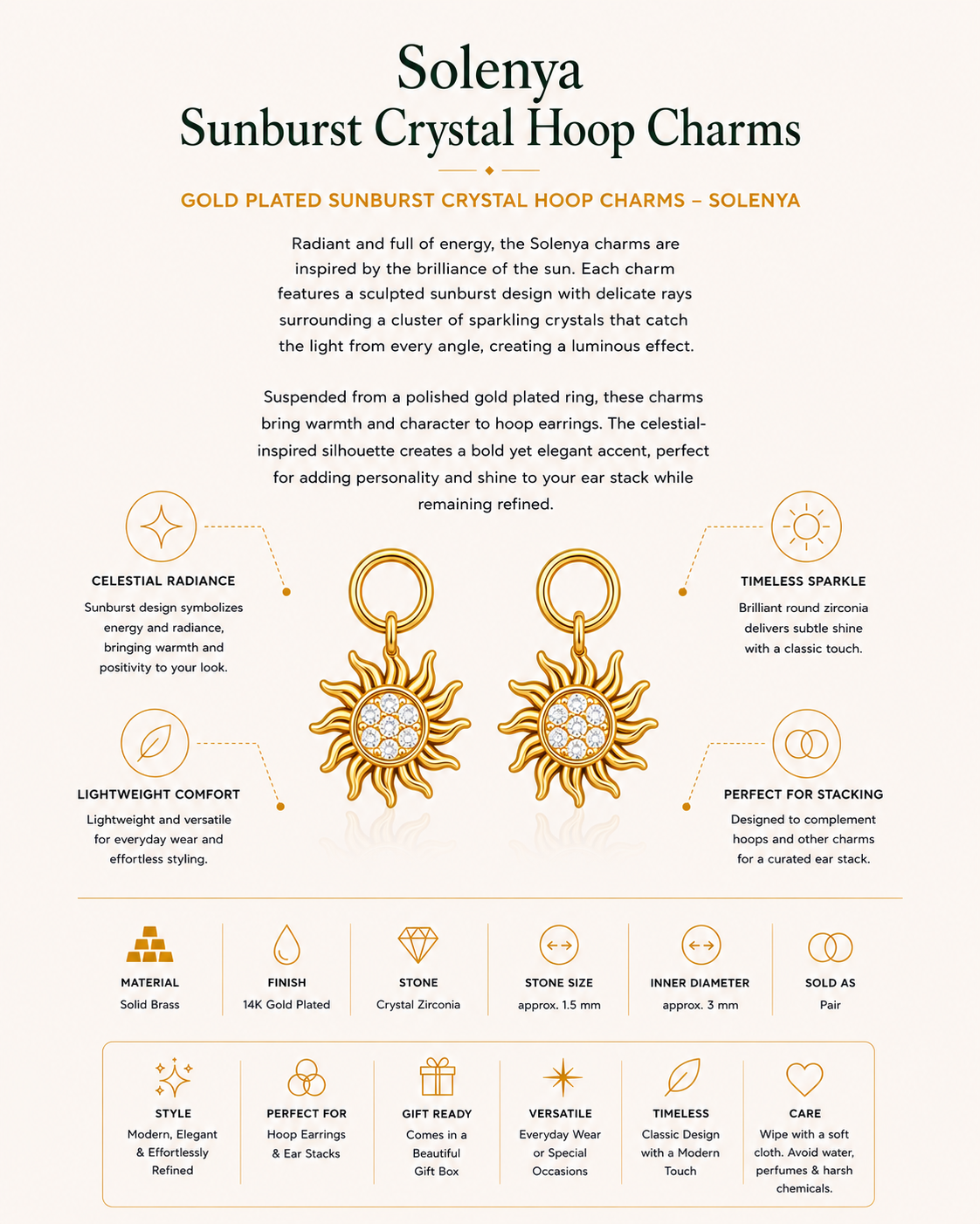Gold Plated Sunburst Crystal Hoop Charms – Solenya
