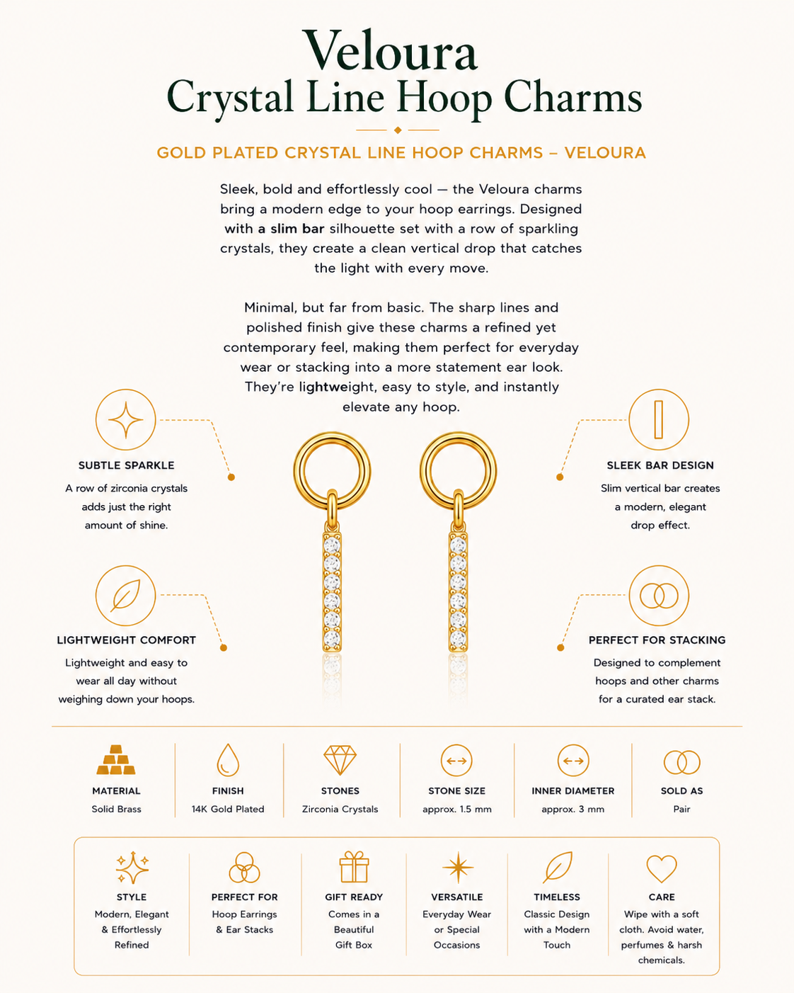 Gold Plated Crystal Line Hoop Charms – Veloura