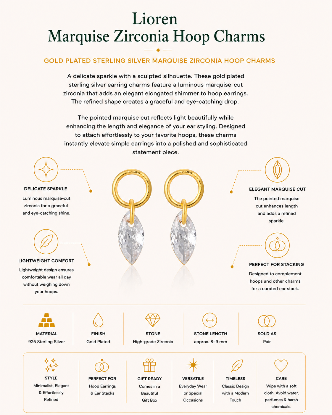 Gold Plated Sterling Silver Marquise Zirconia Hoop Charms – Lioren