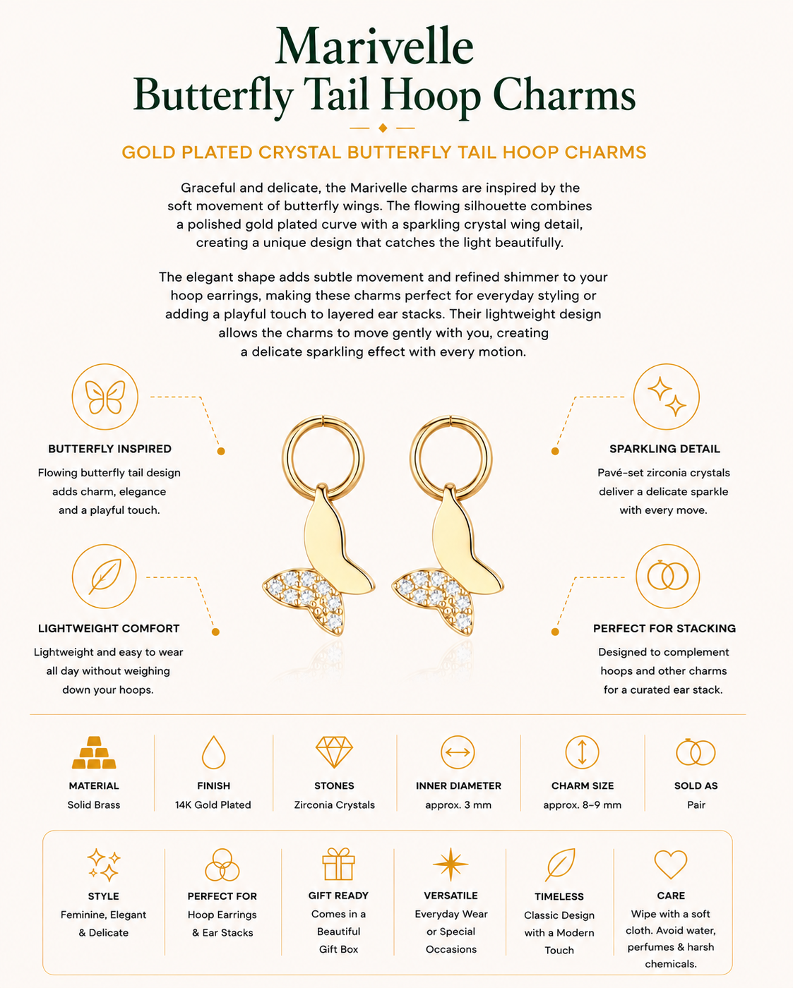 Gold Plated Crystal Butterfly Tail Hoop Charms – Marivelle
