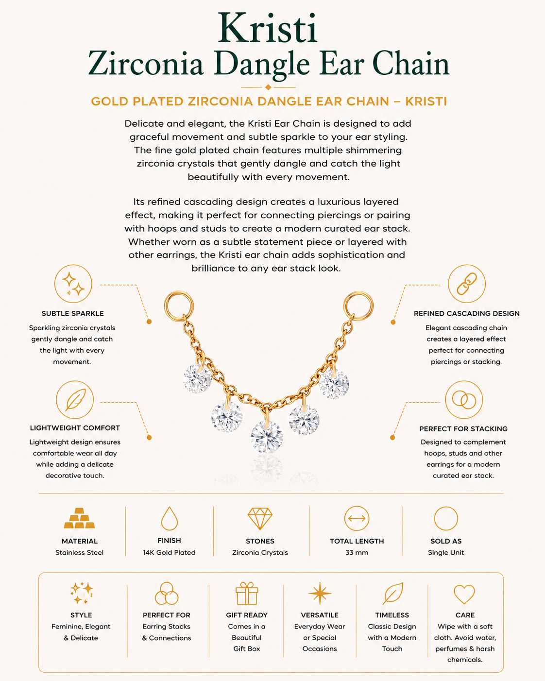 Gold Plated Zirconia Dangle Ear Chain – Kristi
