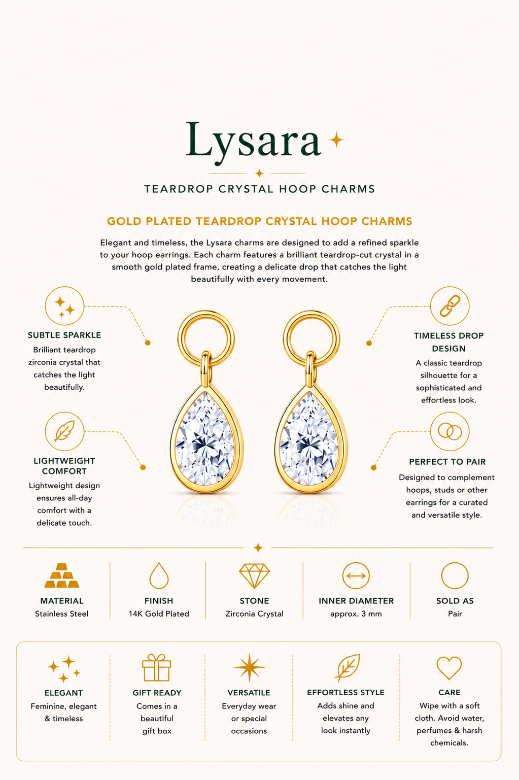 Gold Plated Teardrop Crystal Hoop Charms – Lysara