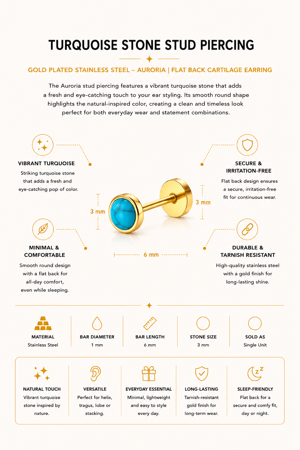 Turquoise Stone Stud Piercing – Auroria | Flat Back Cartilage Earring