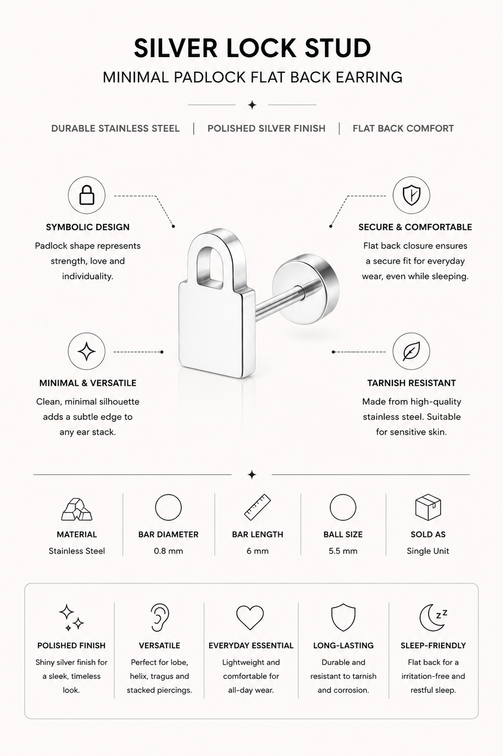 Silver Lock Stud – Minimal Padlock Flat Back Earring