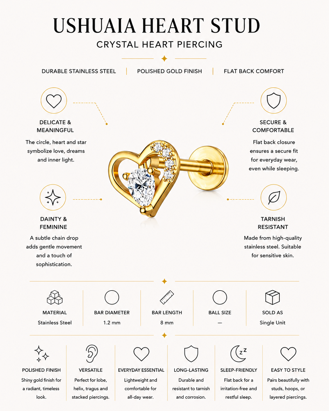 Crystal Heart Stud Piercing – Ushuaia | Flat Back Cartilage Earring