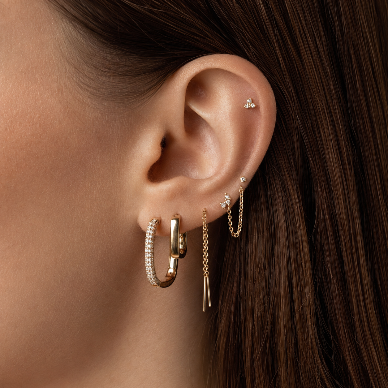 Gold Plated Stainless Steel Bissau Zirconia Trio Flat Back Stud Earring