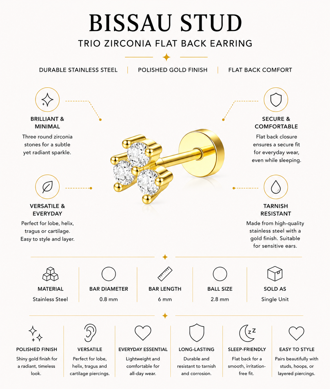 Gold Plated Stainless Steel Bissau Zirconia Trio Flat Back Stud Earring