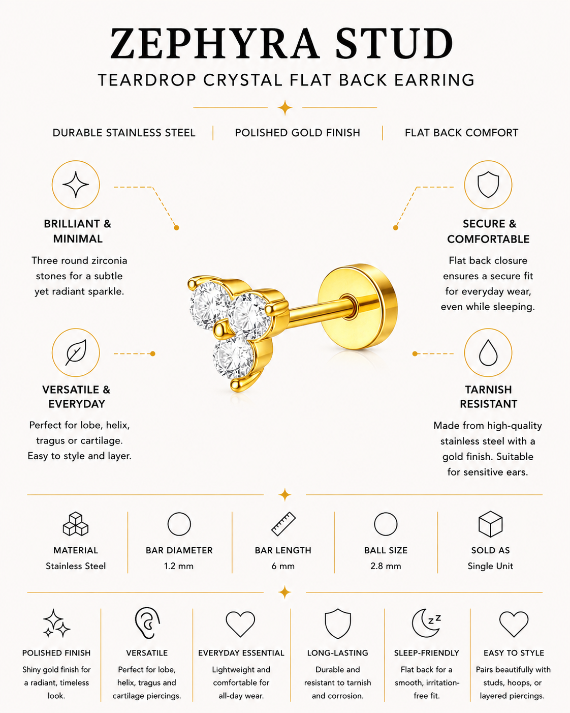 Gold Plated Stainless Steel Teardrop Crystal Flat Back Stud Earring – Zephyra