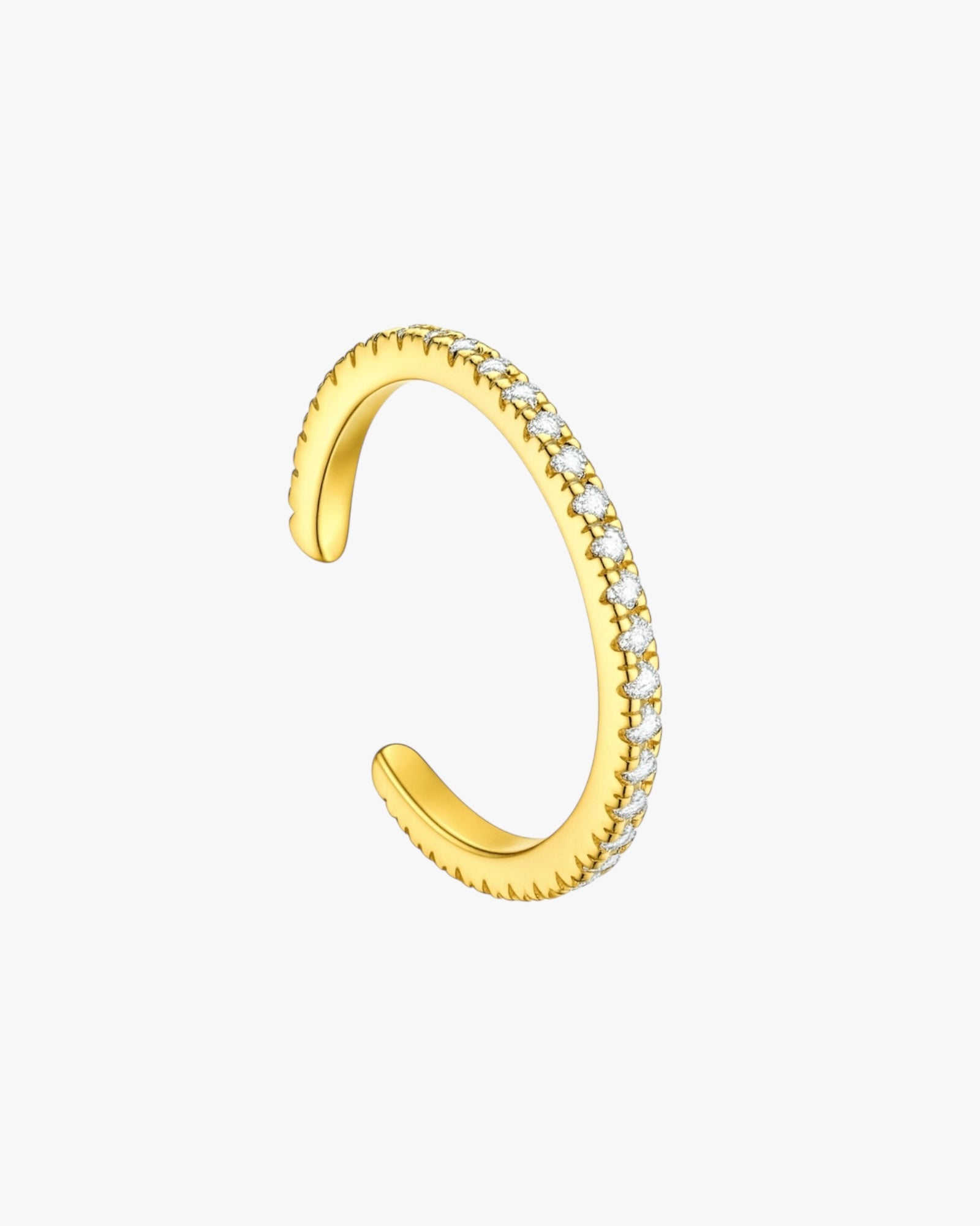 Gold open ring with embedded diamonds on a white background