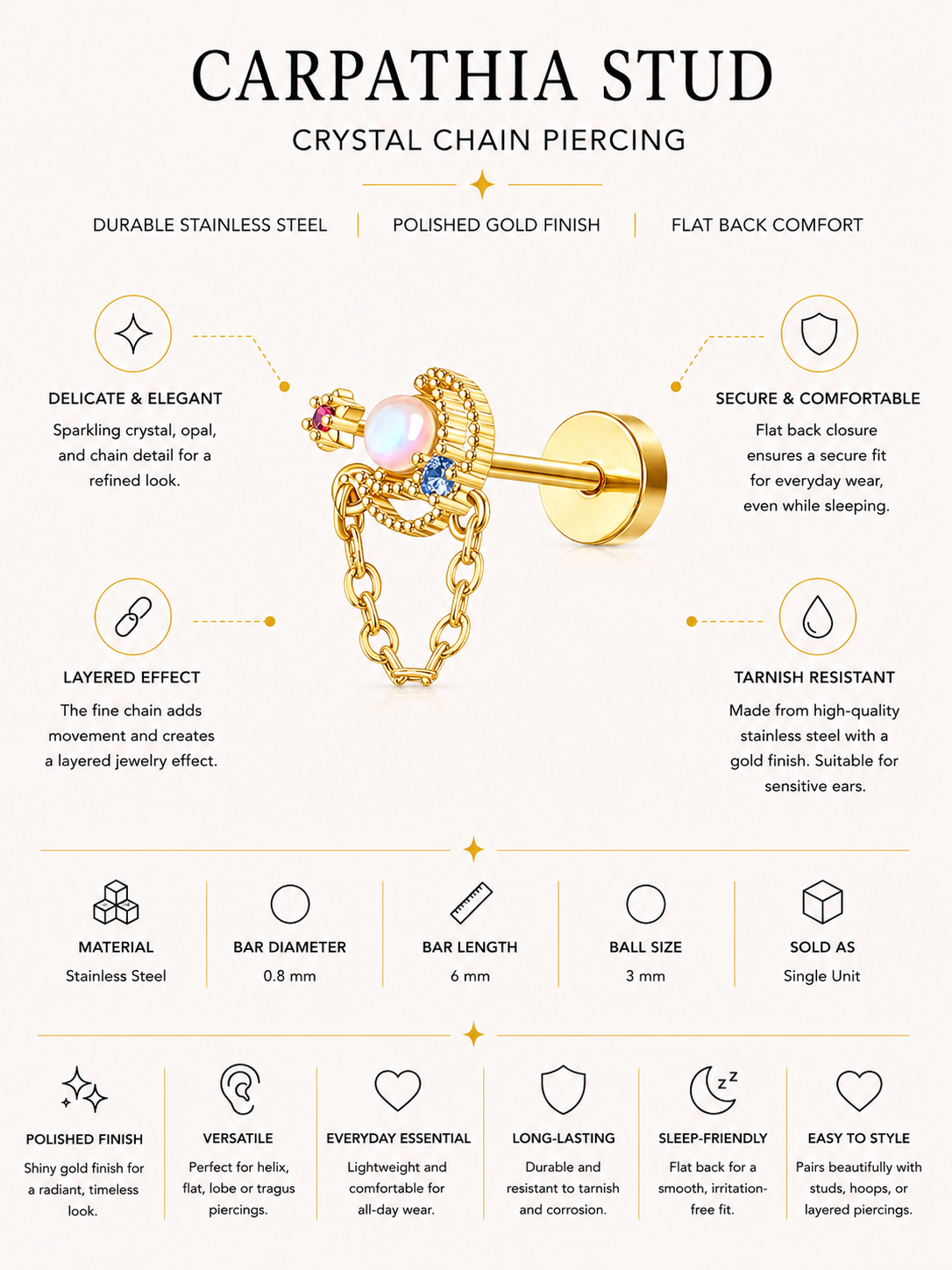 Carpathia Stud – Crystal Chain Piercing