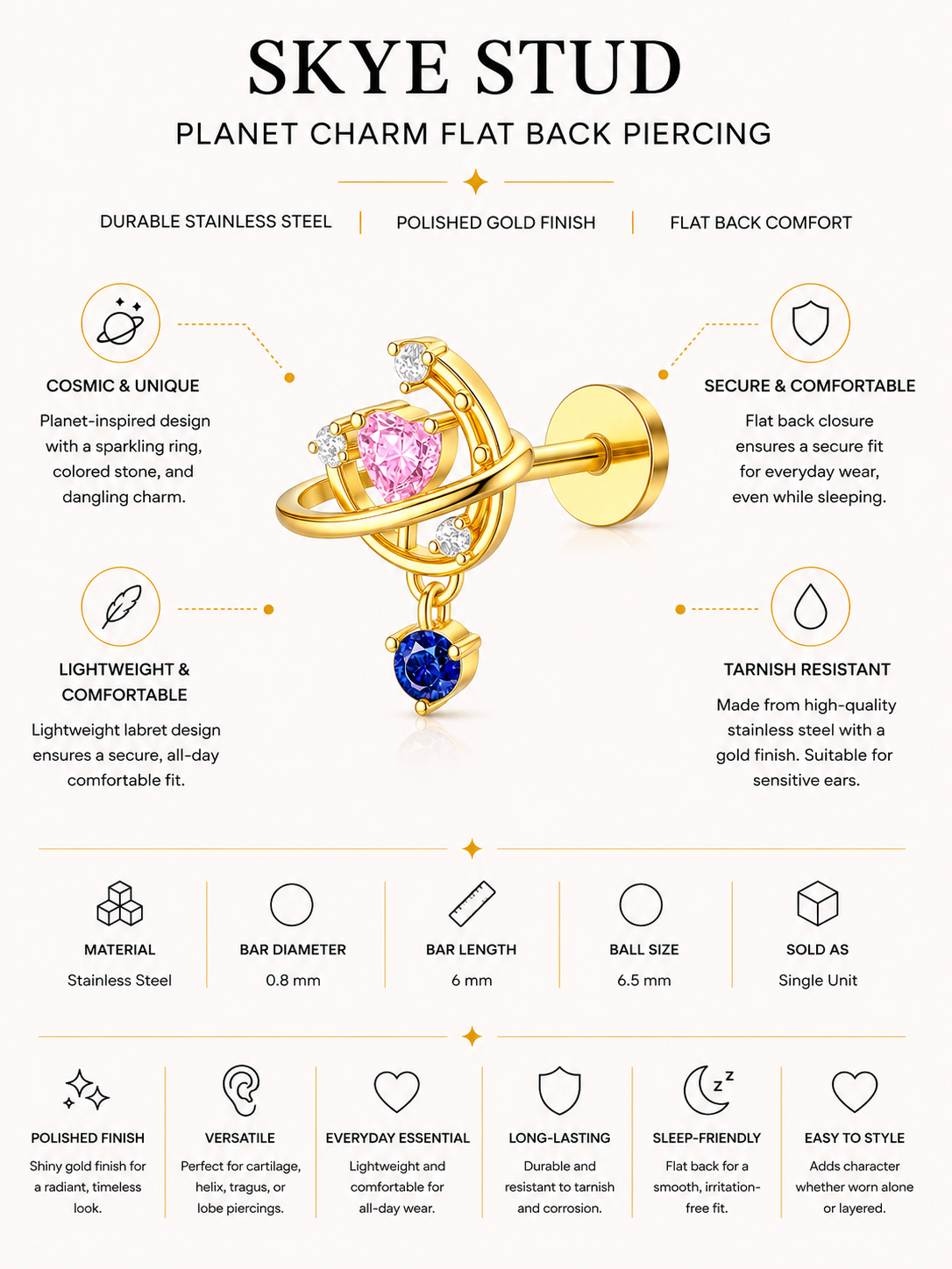 Skye Stud – Planet Charm Flat Back Piercing