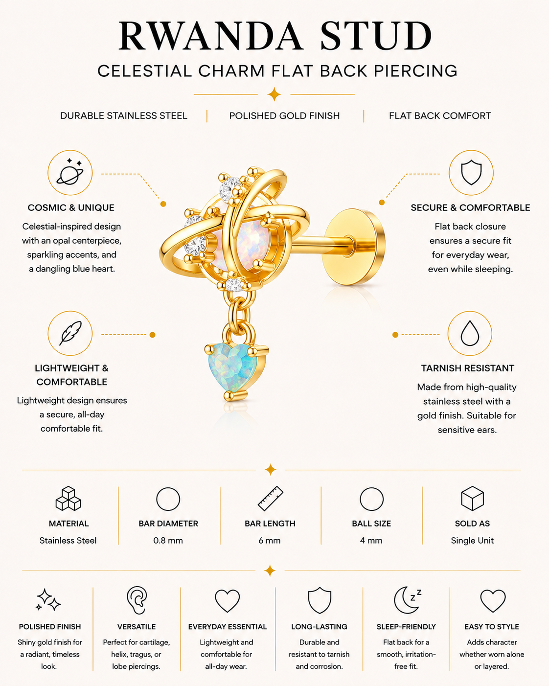 Gold Stainless Steel Opal & Blue Heart Dangle Stud Earring – Rwanda