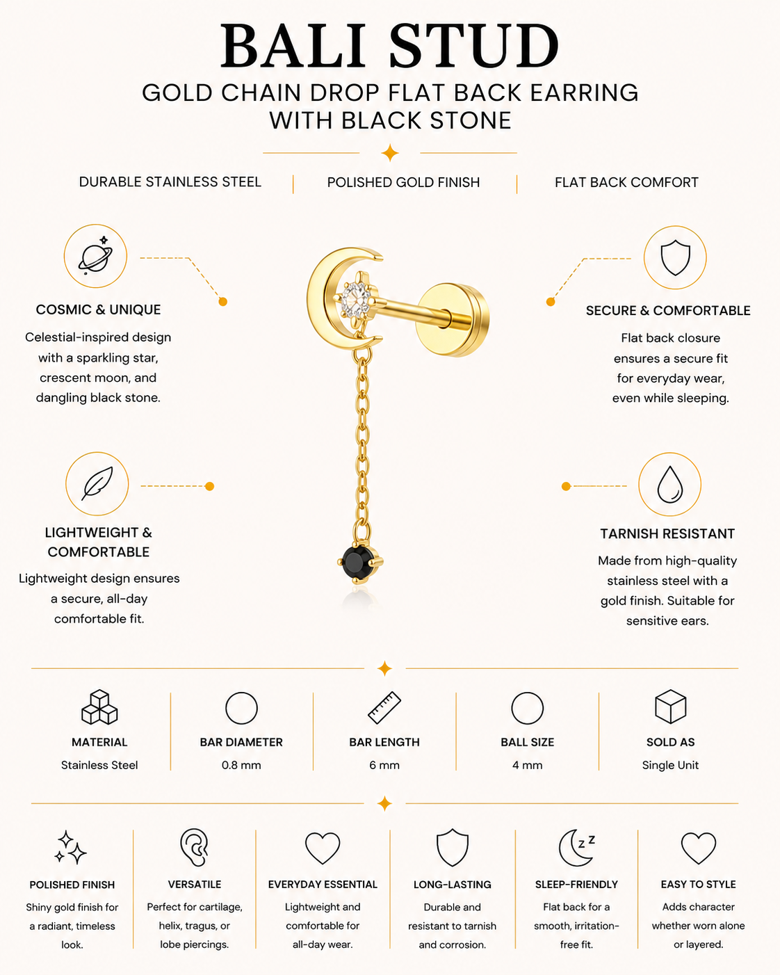 Bali Stud – Gold Chain Drop Flat Back Earring with Black Stone