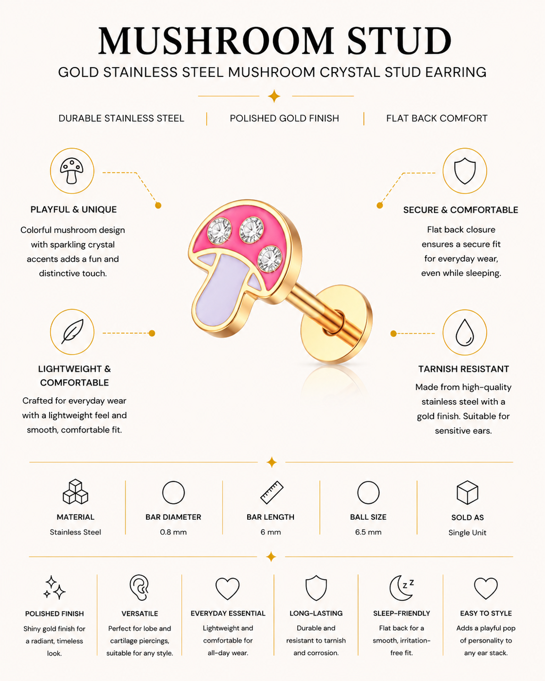 Gold Stainless Steel Mushroom Crystal Stud Earring – Mushroom