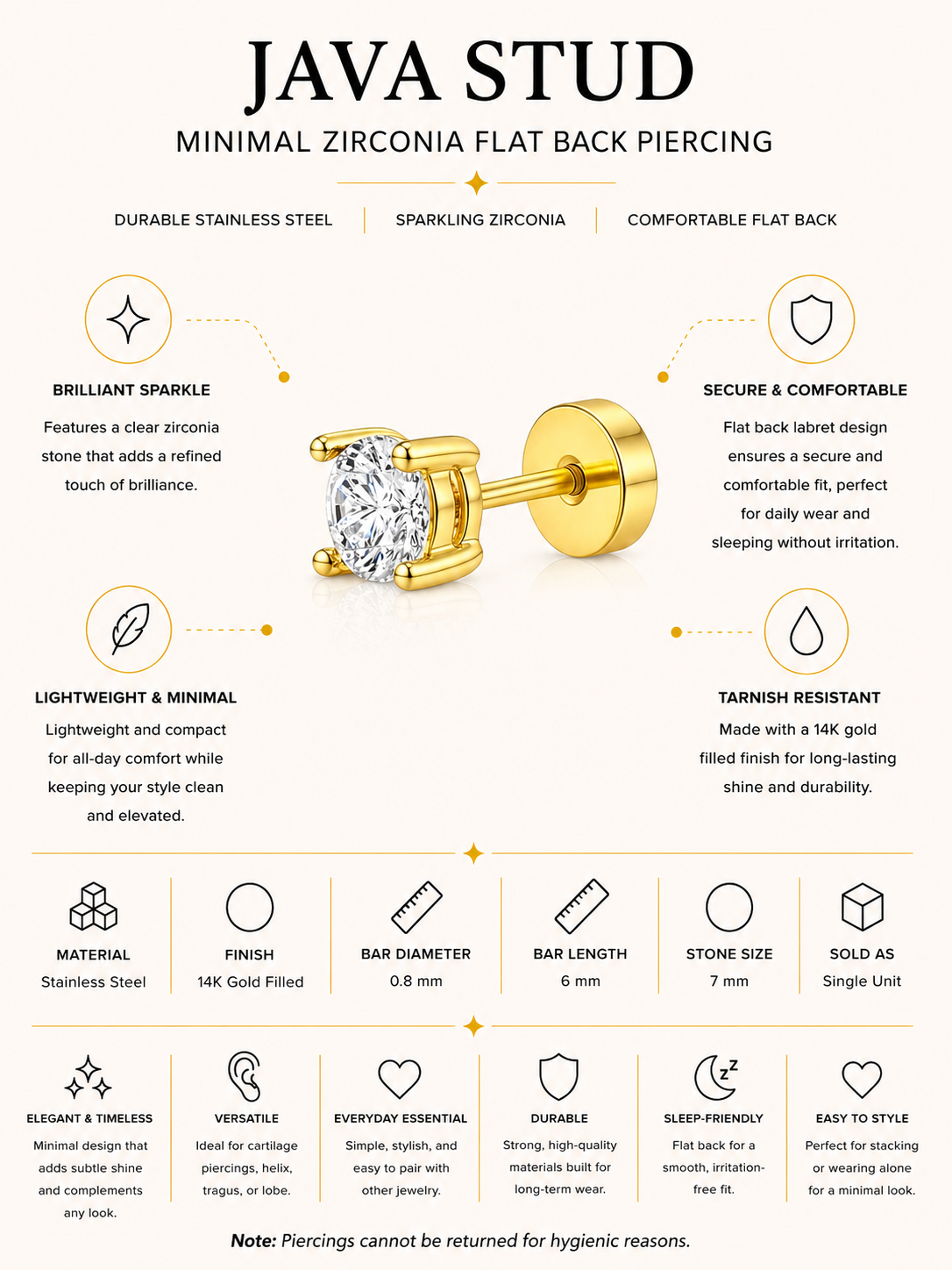 Java Stud – Minimal Zirconia Flat Back Piercing