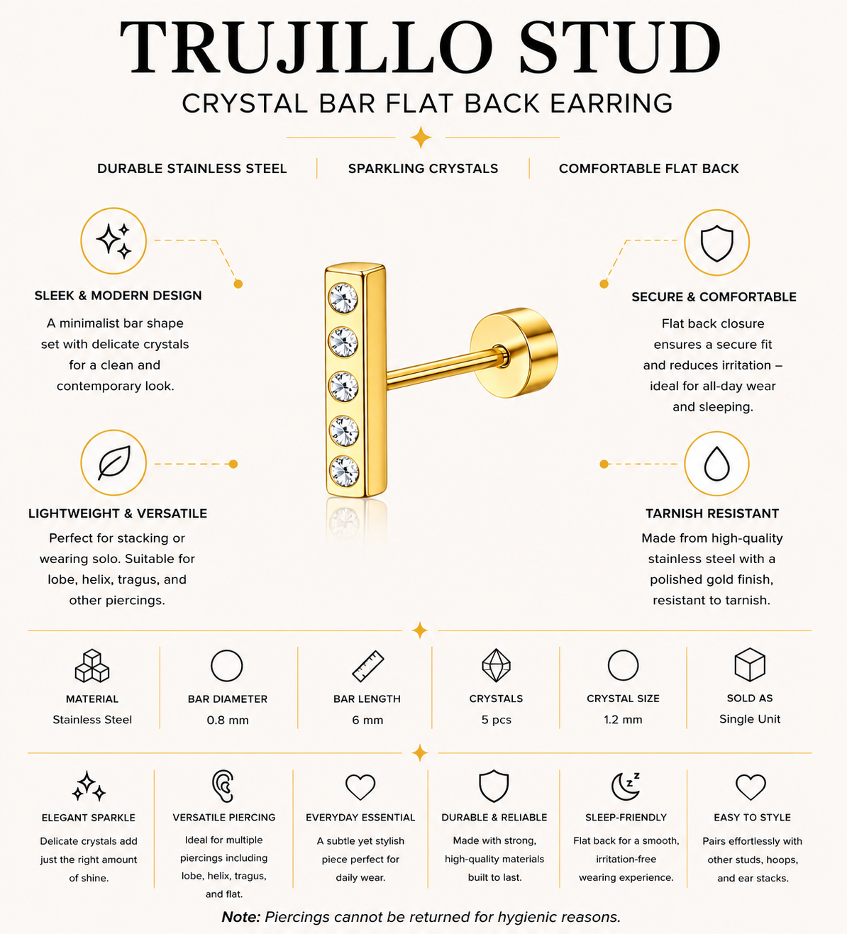Trujillo Stud – Crystal Bar Flat Back Earring