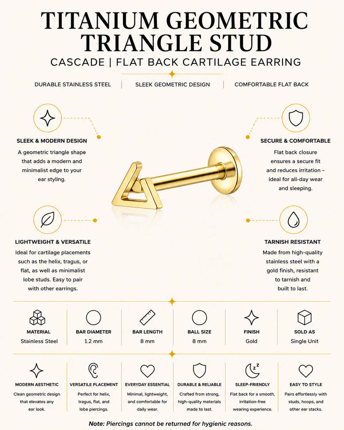 Titanium Geometric Triangle Stud Piercing – Cascade | Flat Back Cartilage Earring