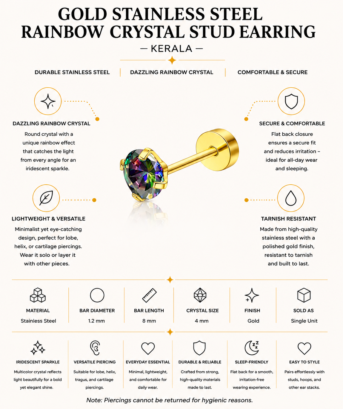 Gold Stainless Steel Rainbow Crystal Stud Earring – Kerala