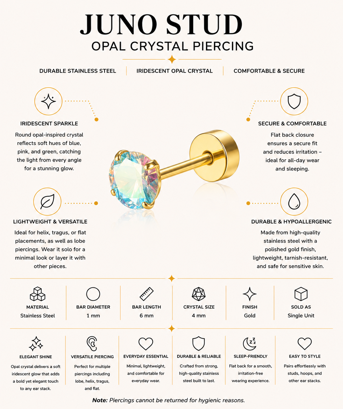 Juno Stud – Opal Crystal Piercing