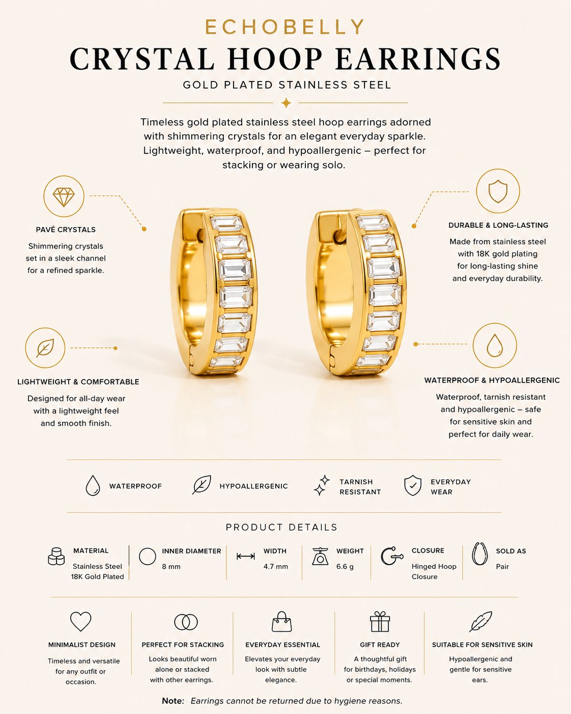 Echobelly Crystal Hoop Earrings – Gold Plated Stainless Steel