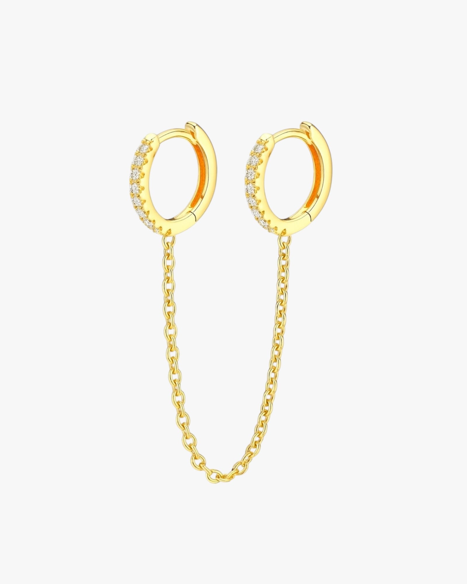 Gold hoop earrings with chain extensions on a white background