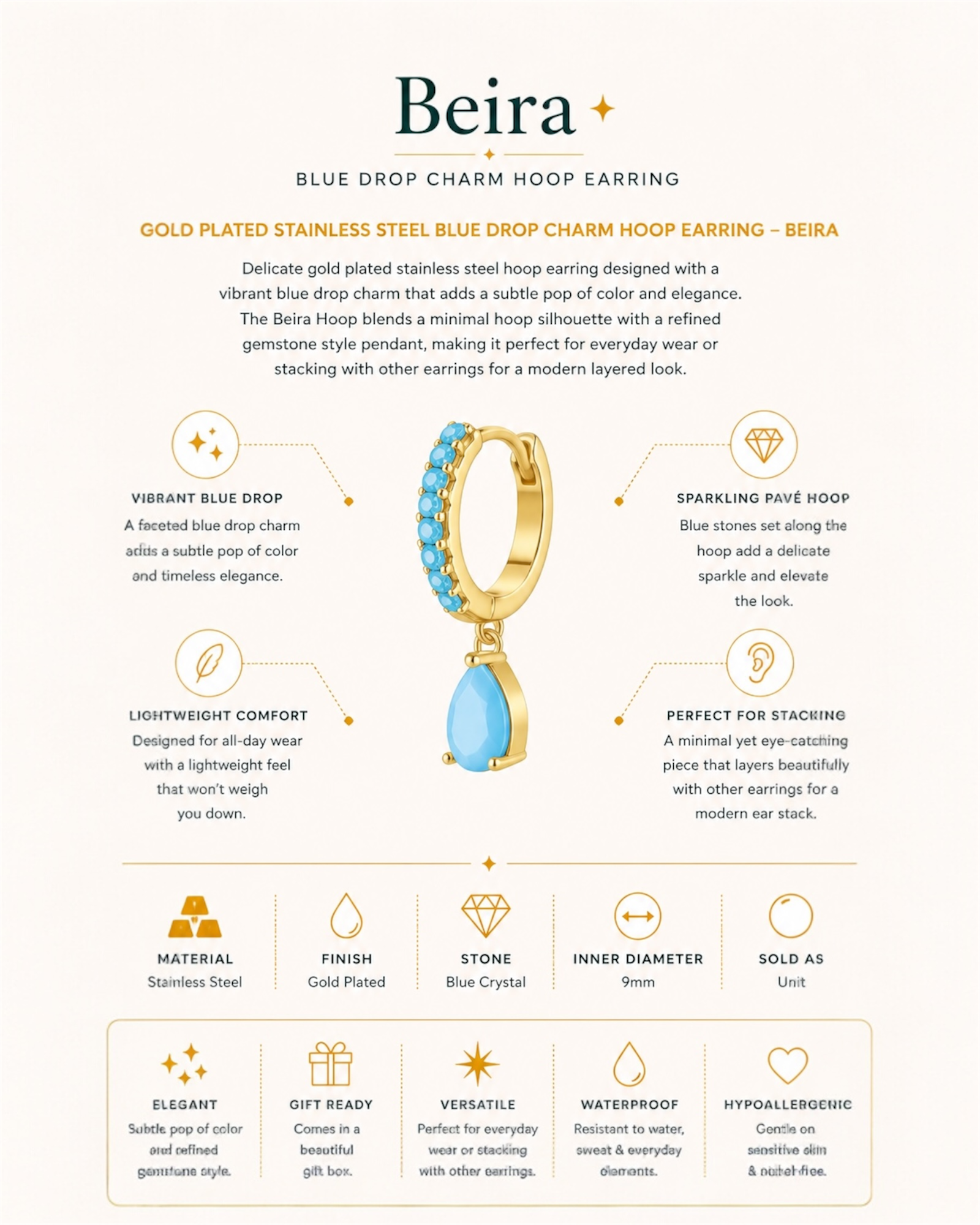 Gold Plated Stainless Steel Blue Drop Charm Hoop Earring – Beira