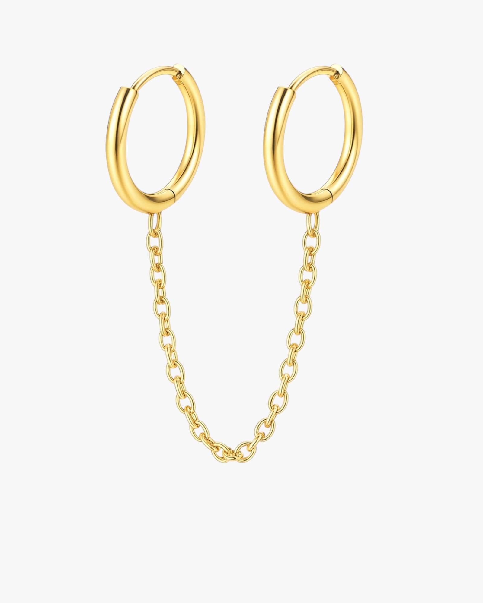Gold hoop earrings with chain extensions on a white background