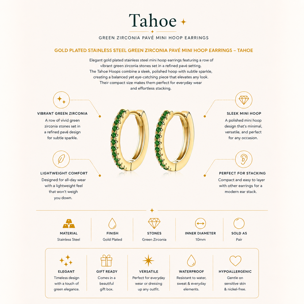 Gold Plated Stainless Steel Green Zirconia Pavé Mini Hoop Earrings – Tahoe
