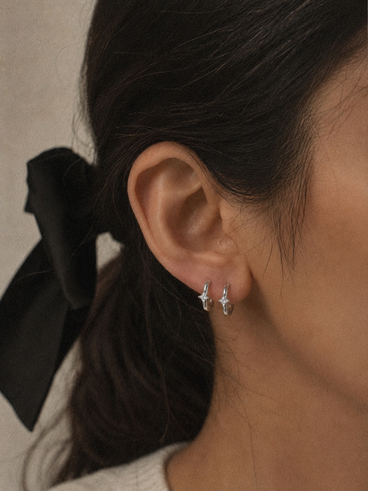 Silver Stainless Steel Clear Zirconia Square Mini Hoop Earrings – Rina