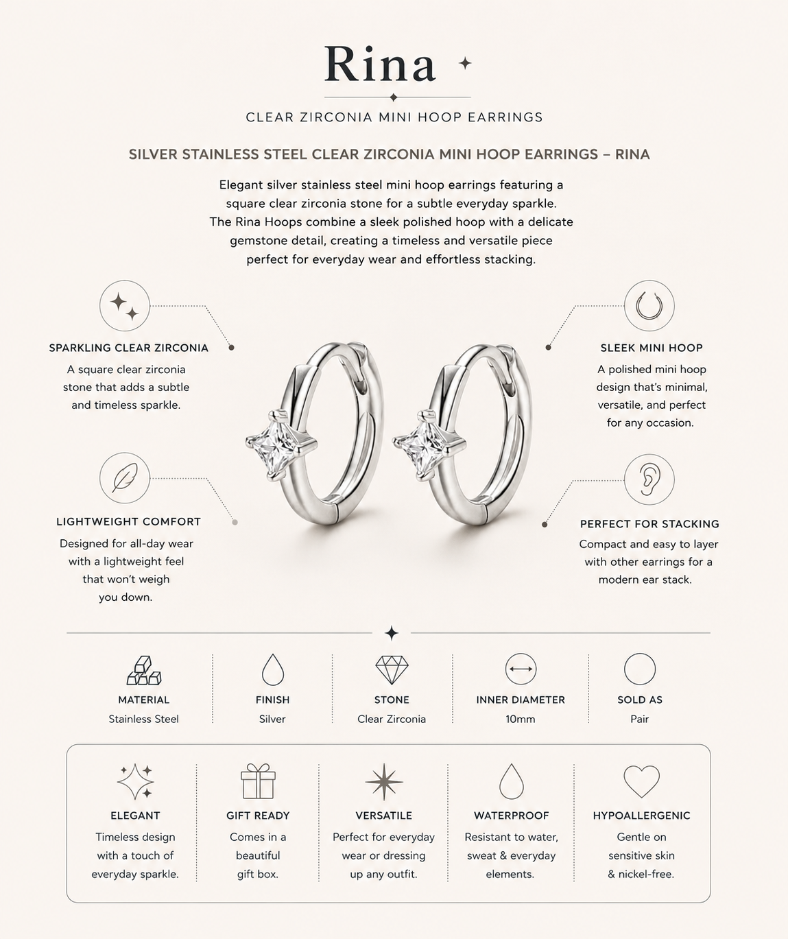 Silver Stainless Steel Clear Zirconia Square Mini Hoop Earrings – Rina