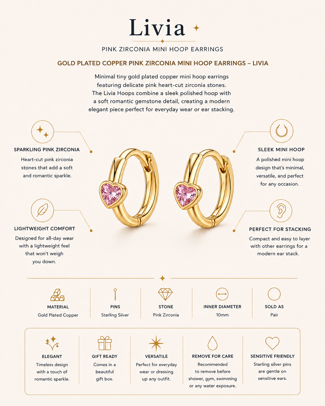 Gold Plated Copper Pink Heart Zirconia Mini Hoop Earrings – Livia