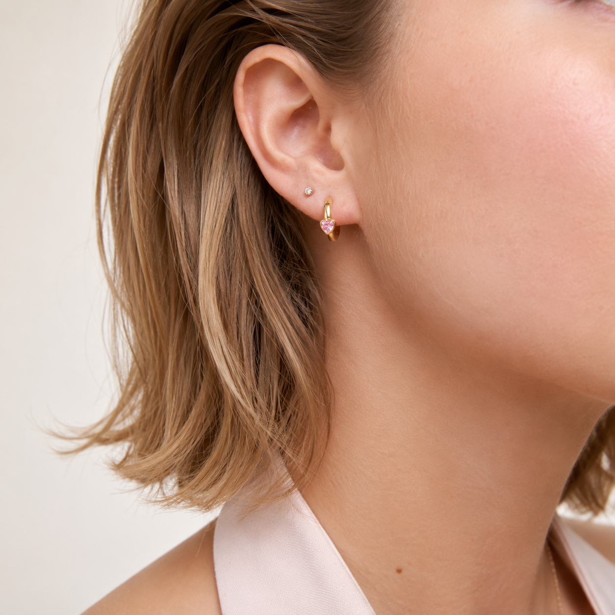 Gold Plated Copper Pink Heart Zirconia Mini Hoop Earrings – Livia