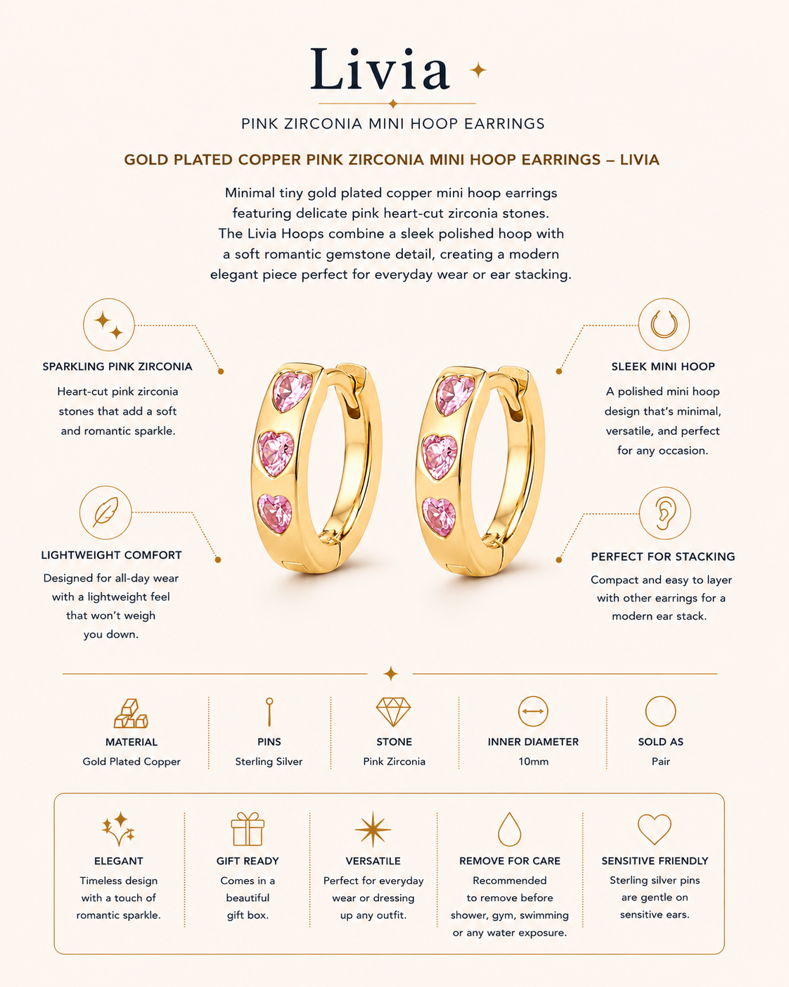 Gold Plated Copper Pink Heart Zirconia Mini Hoop Earrings – Hyge