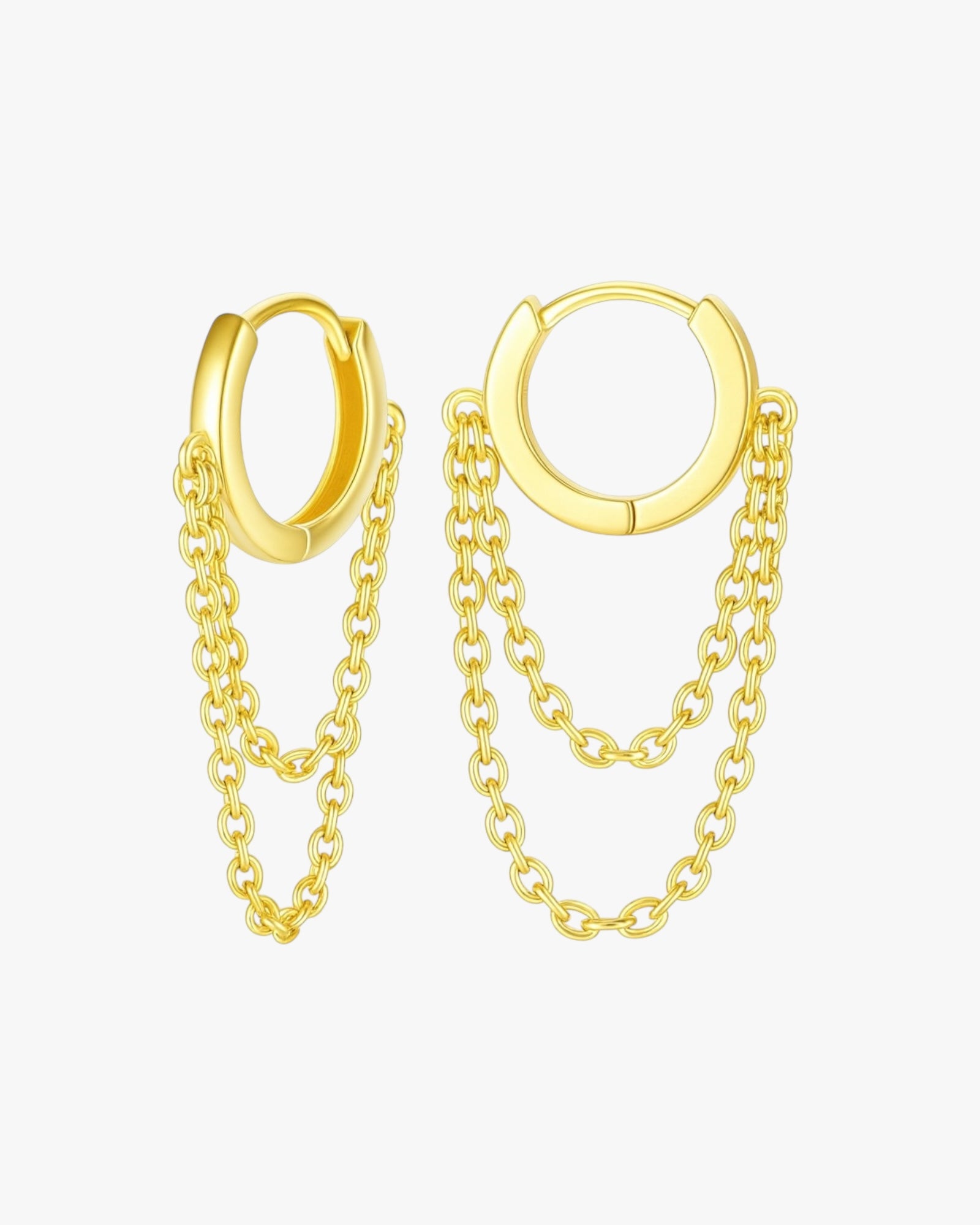 Gold hoop earrings with chain extensions on a white background