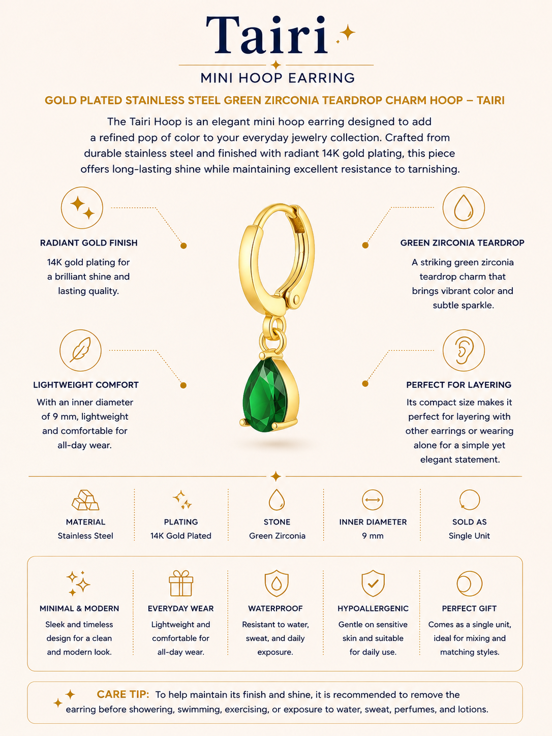 Gold Plated Stainless Steel Green Zirconia Teardrop Charm Hoop – Tairi