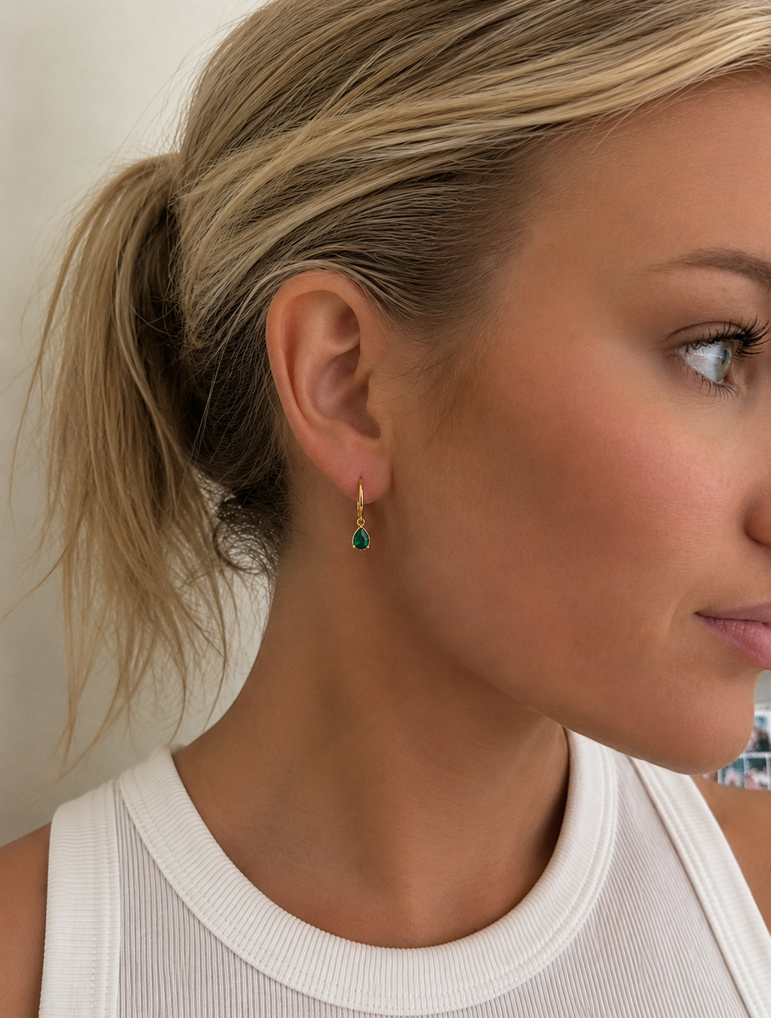 Gold Plated Stainless Steel Green Zirconia Teardrop Charm Hoop – Tairi