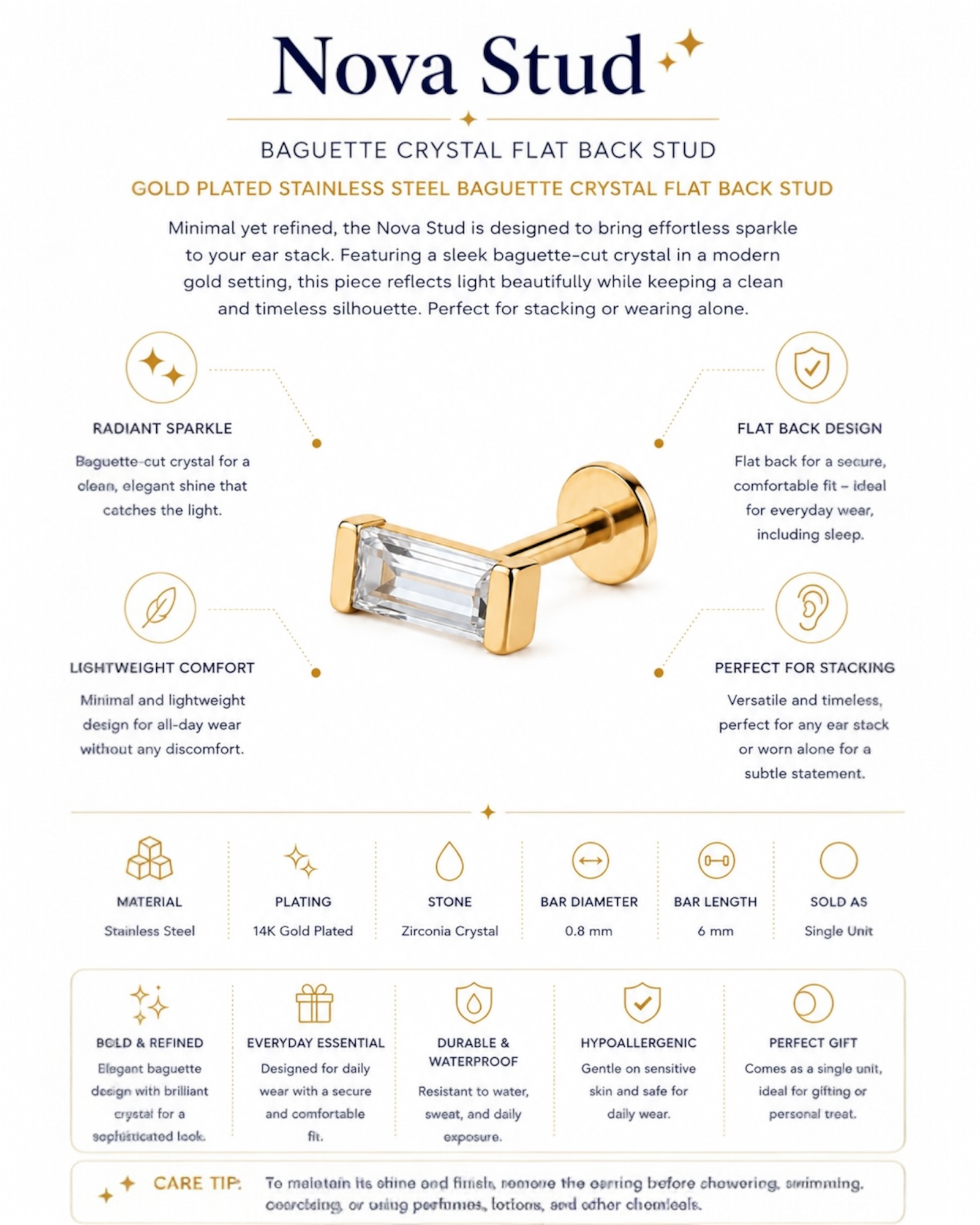 Nova Stud – Baguette Crystal Flat Back Stud