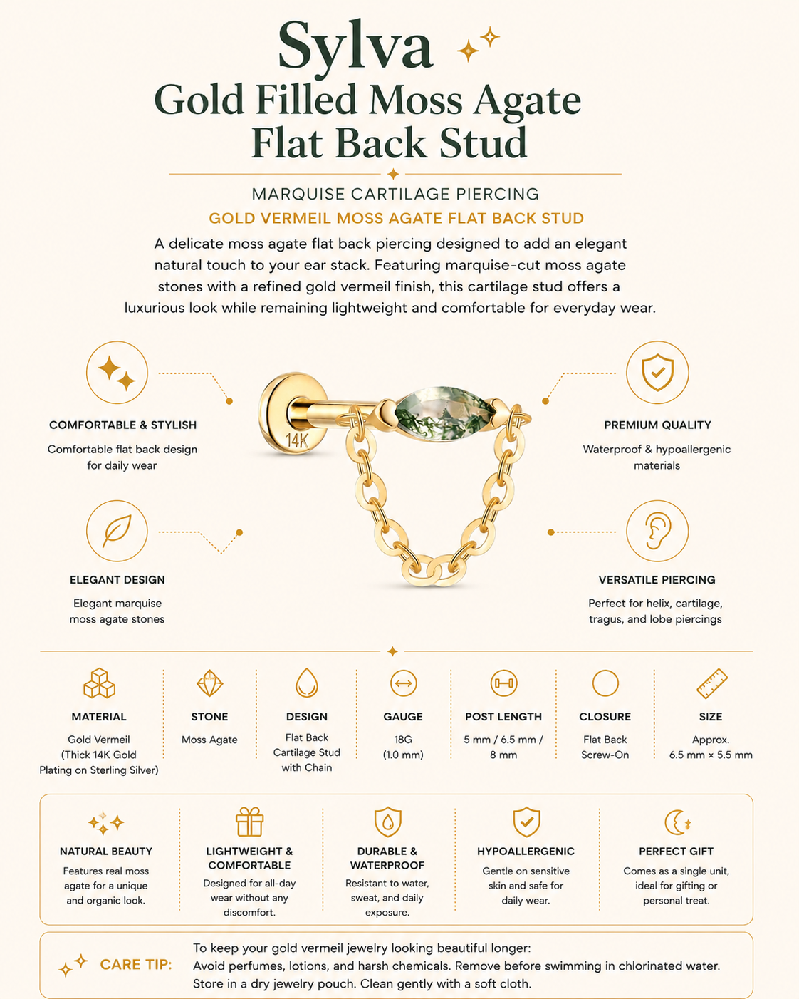 Sylva | Gold Filled Moss Agate Chain Flat Back Stud