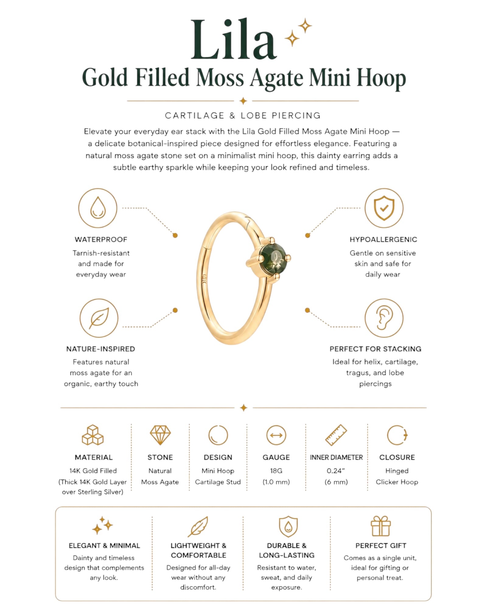 Lila | Gold Filled Moss Agate Mini Hoop
