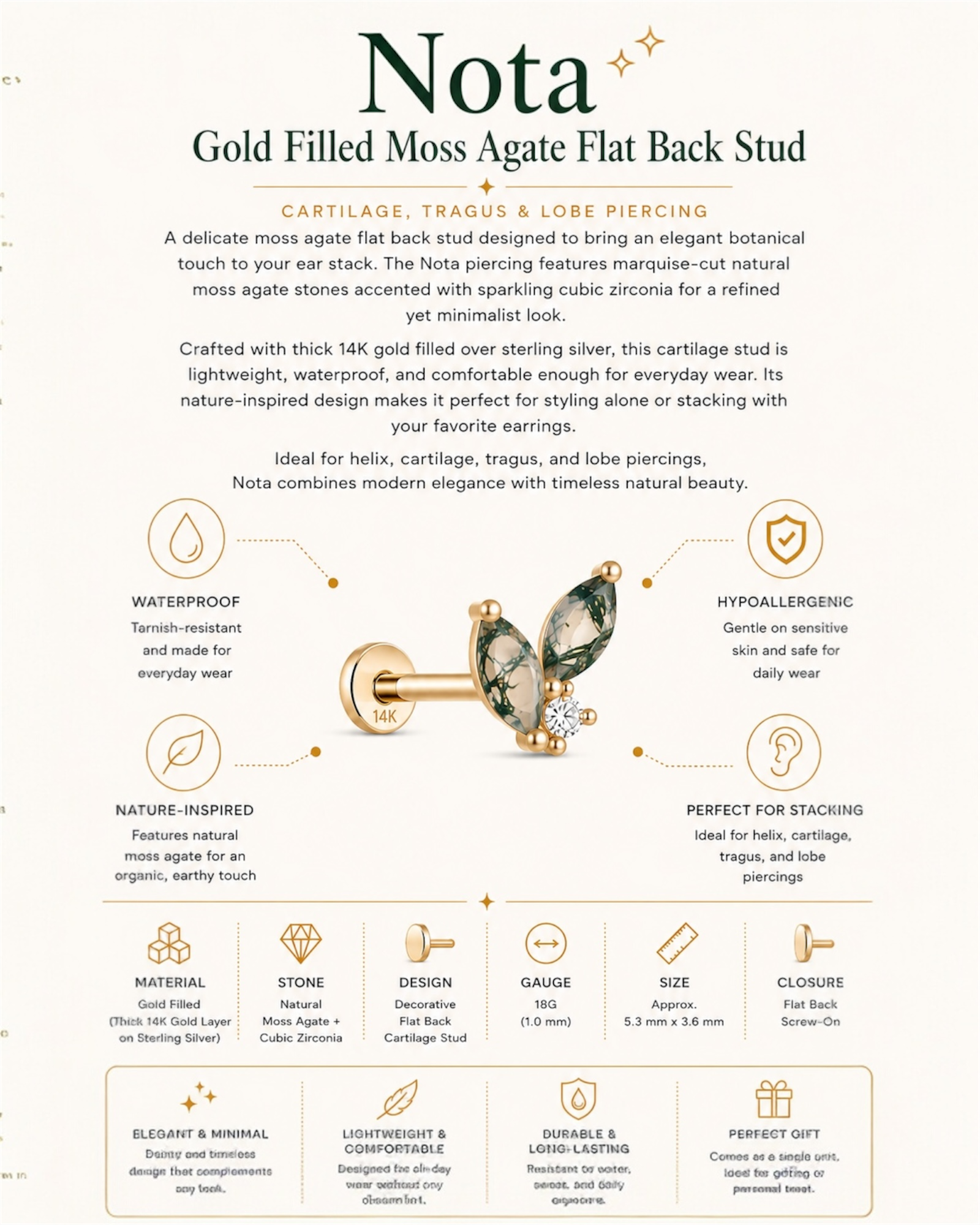 Nota | Gold Filled Moss Agate Chain Flat Back Stud