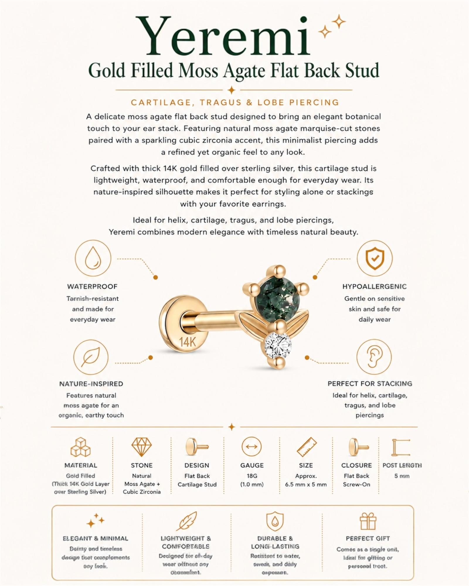 Yeremi | Gold Filled Moss Agate Chain Flat Back Stud