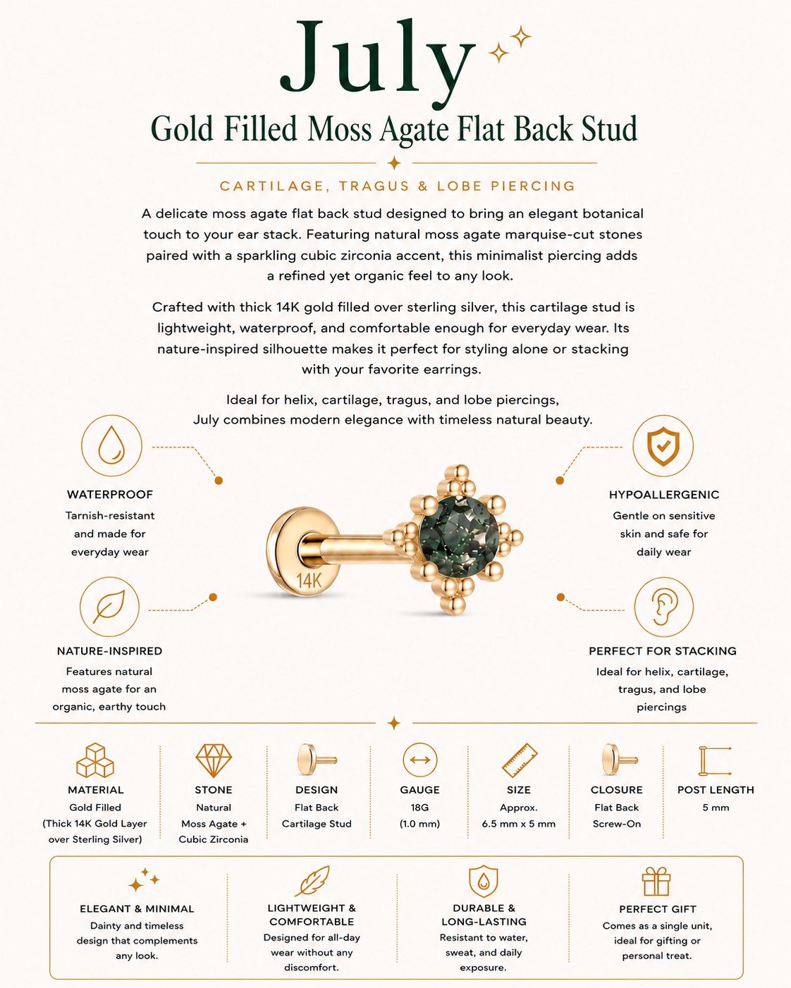 July | Gold Filled Moss Agate Chain Flat Back Stud
