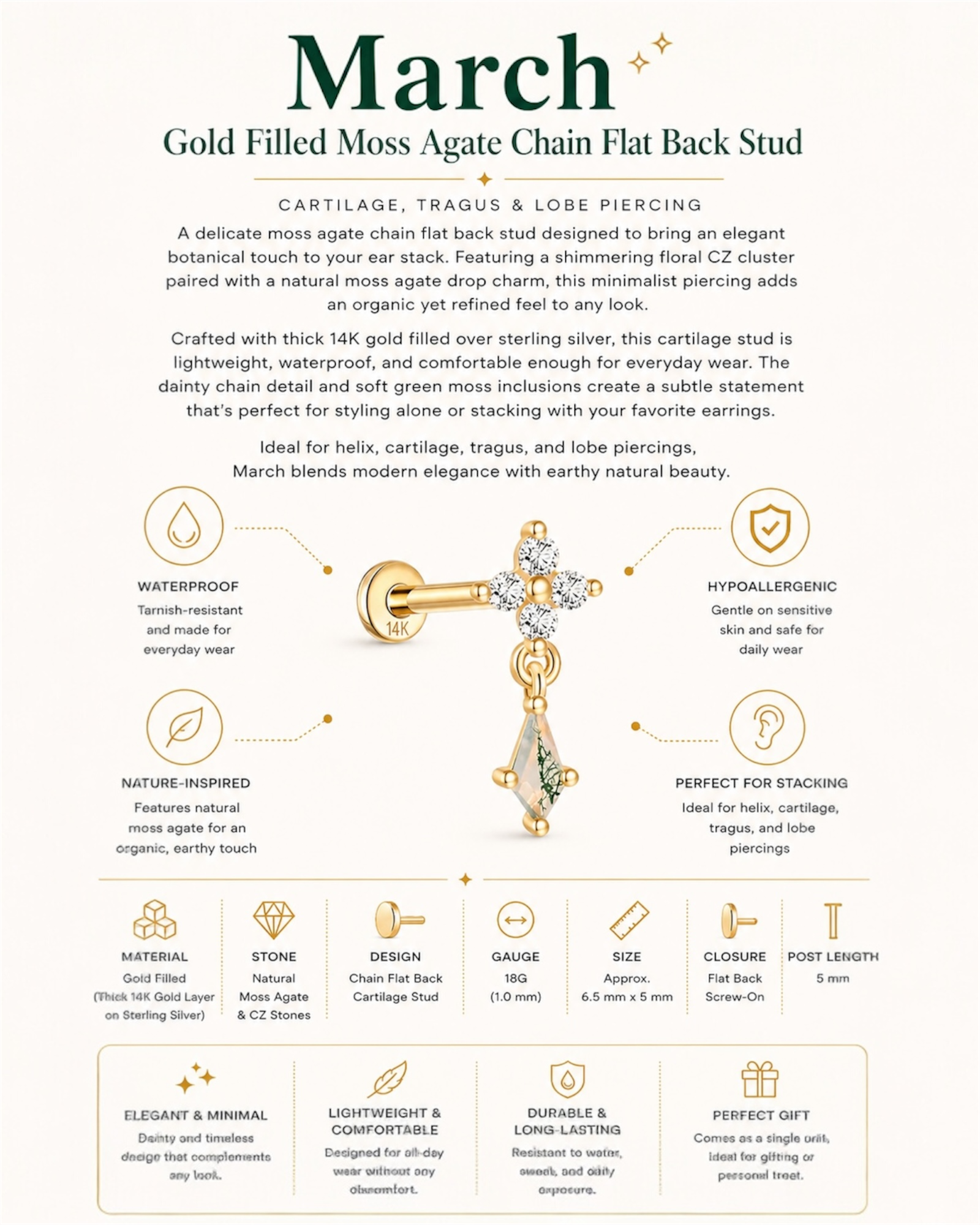 March | Gold Filled Moss Agate Chain Flat Back Stud